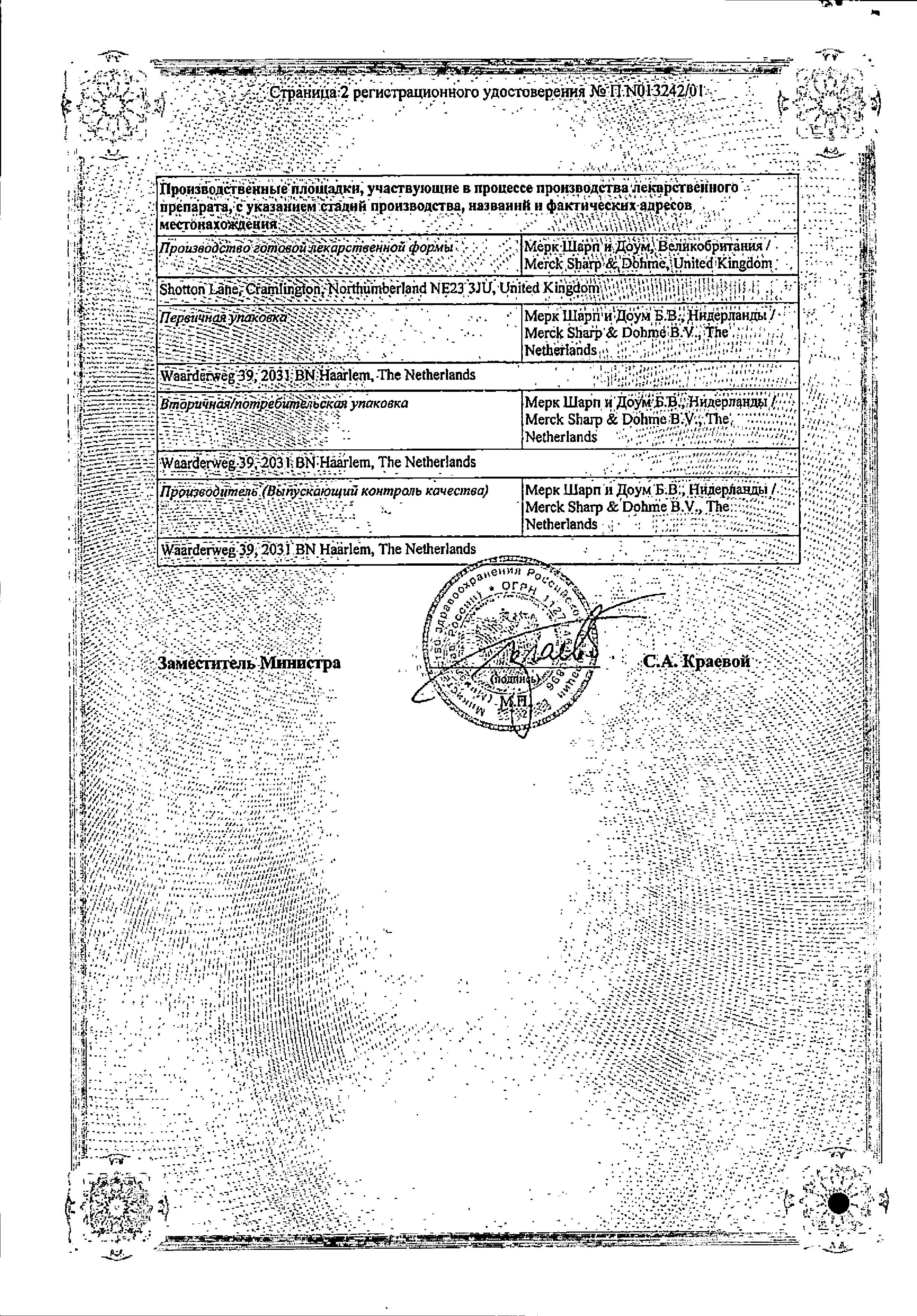 Сертификат на Козаар, таблетки покрыт. плен. об. 50 мг, 14 шт.