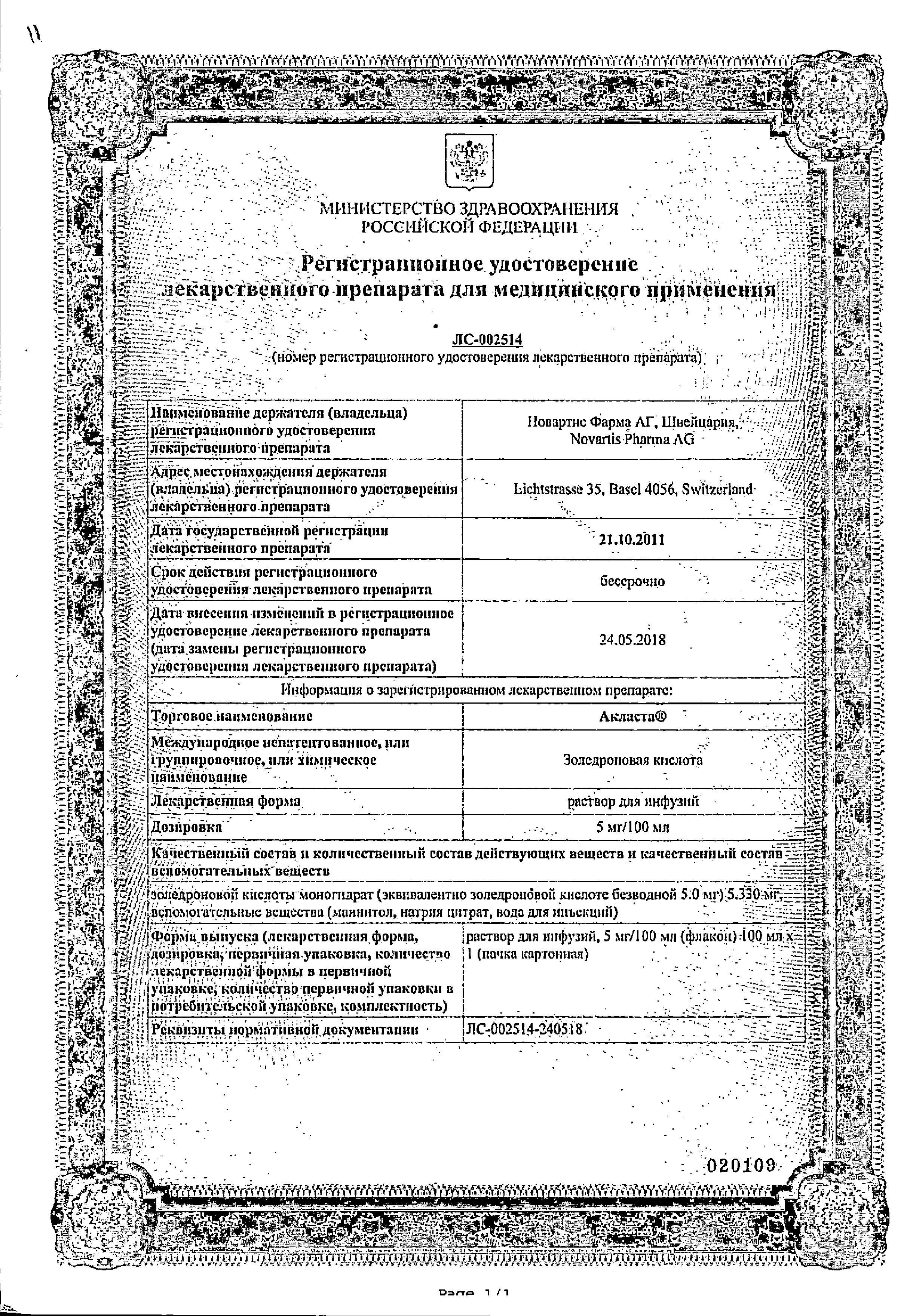 Сертификат на Акласта, раствор 5 мг/100 мл, 100 мл