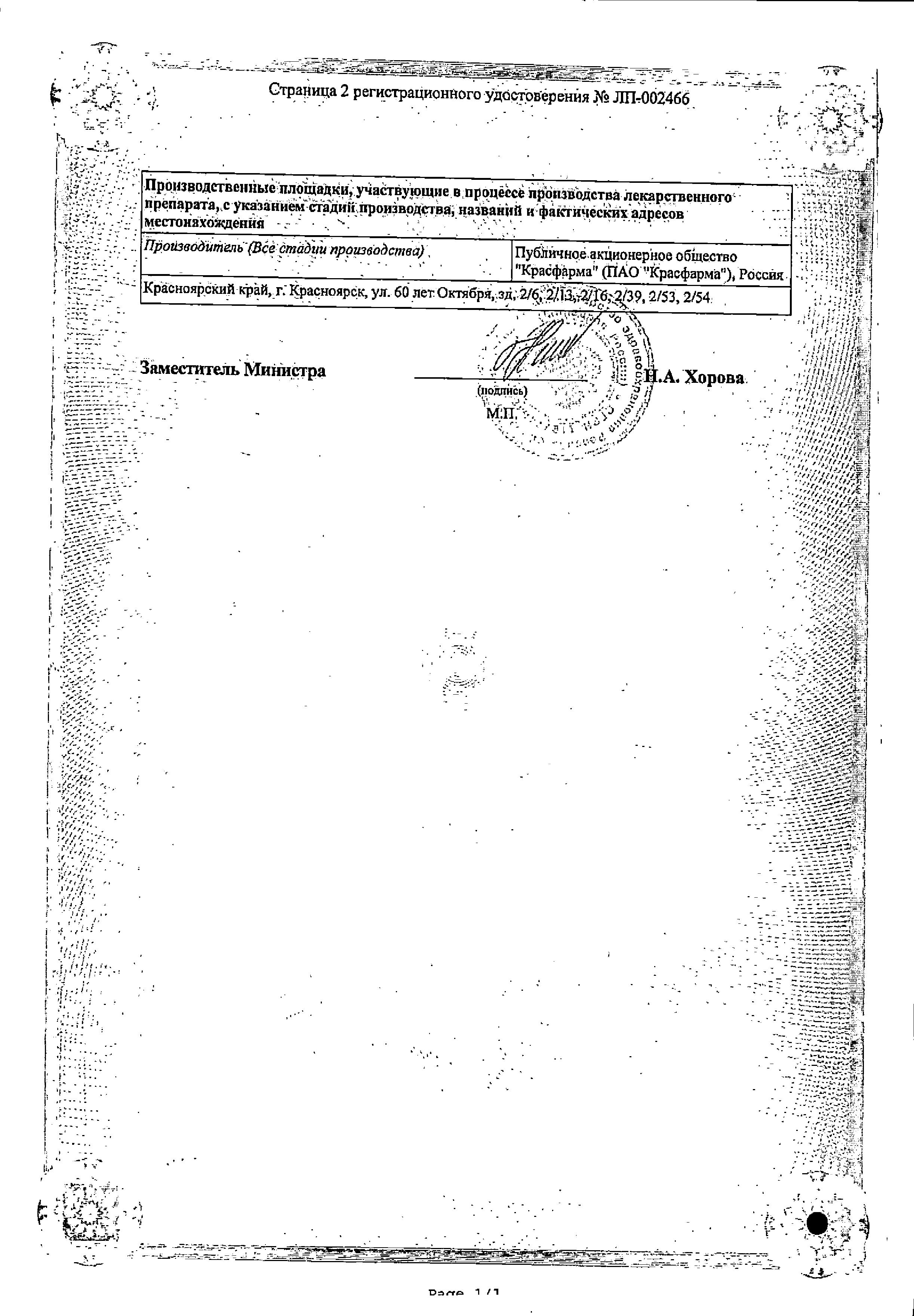 Сертификат на Имипенем+Циластатин, порошок 500 мг+500 мг, 1 шт.