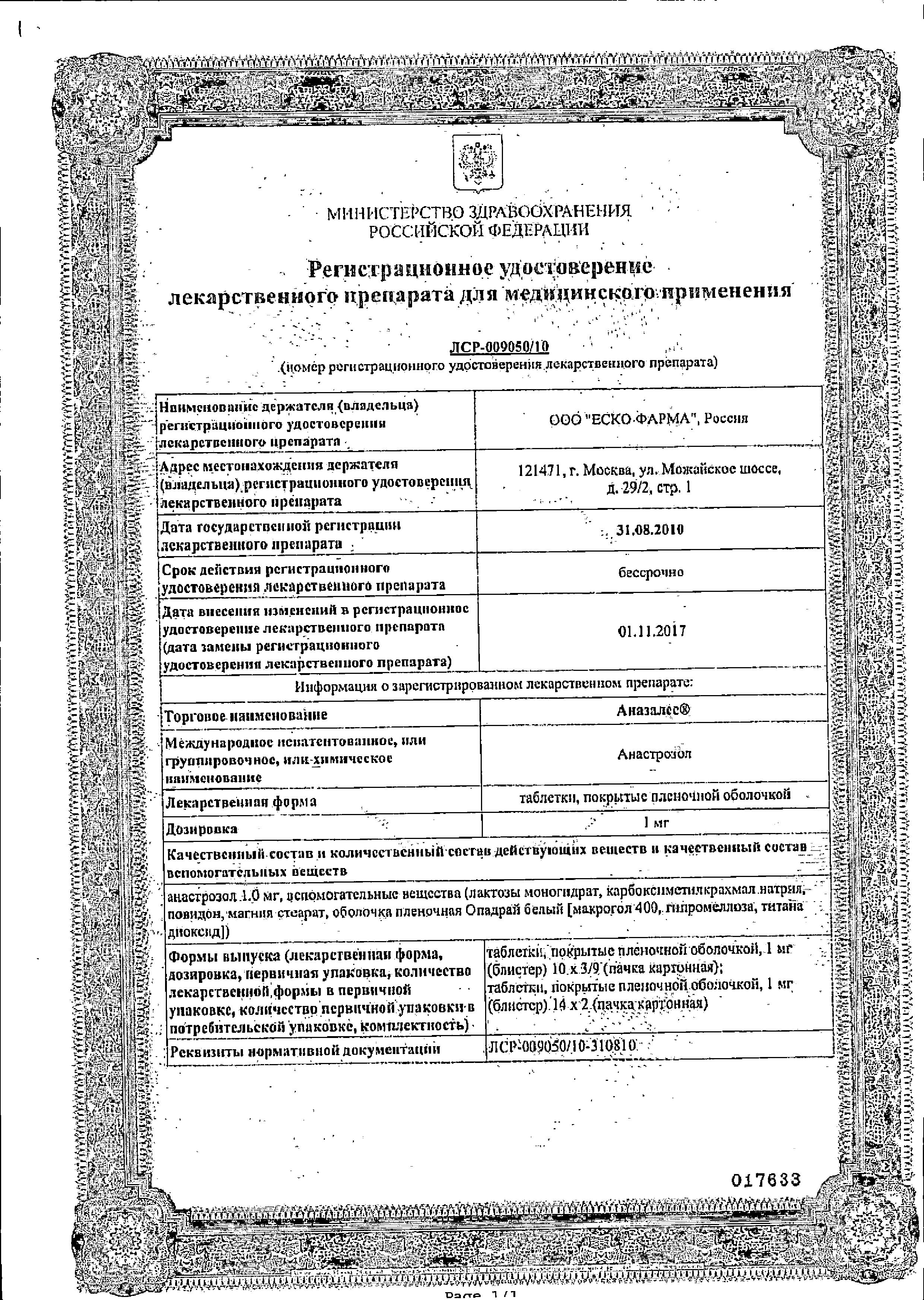 Сертификат Аназалес