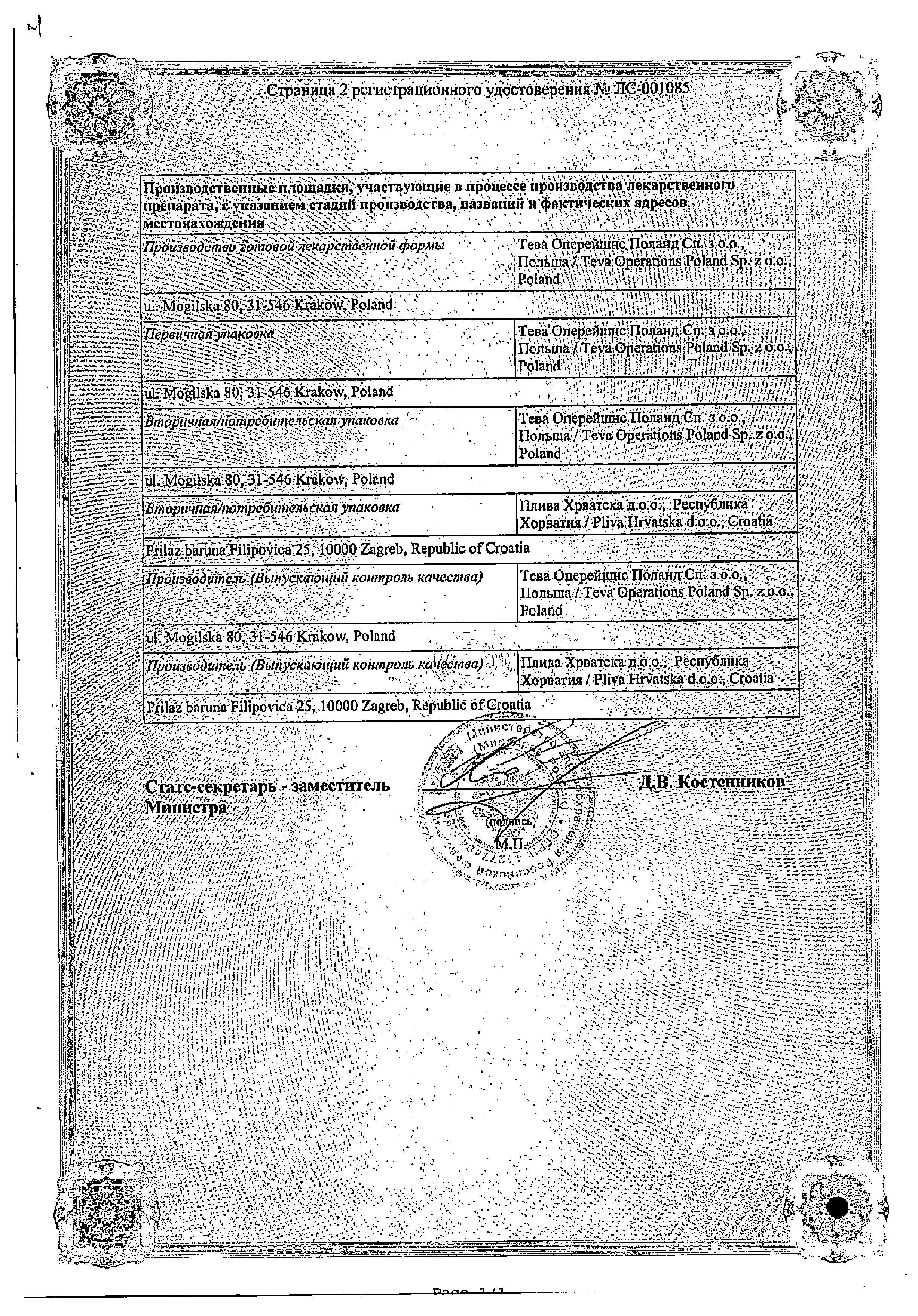 Сертификат на Карведилол-Тева, таблетки 6.25 мг, 30 шт.