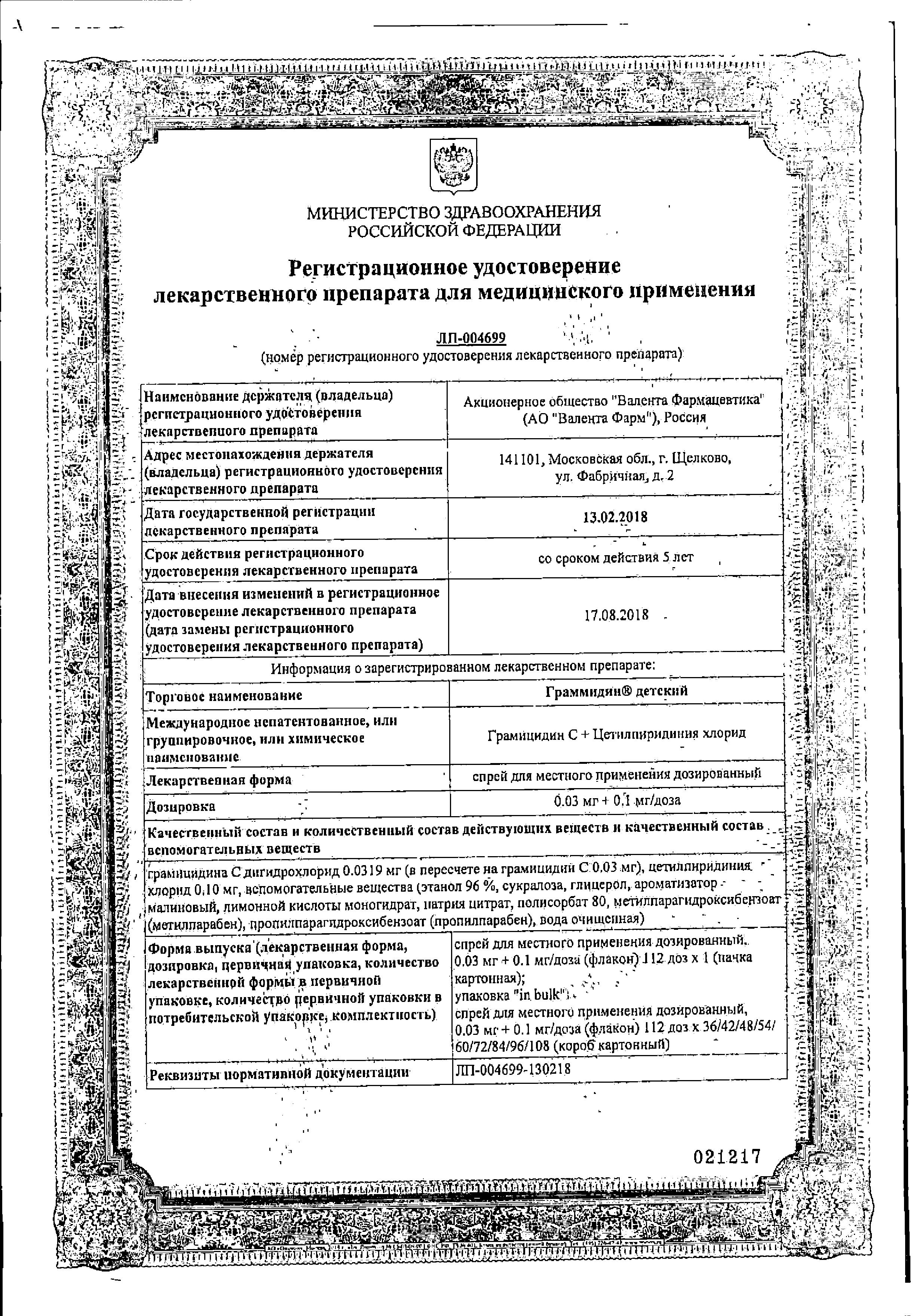 Сертификат Граммидин Сертификат Граммидин