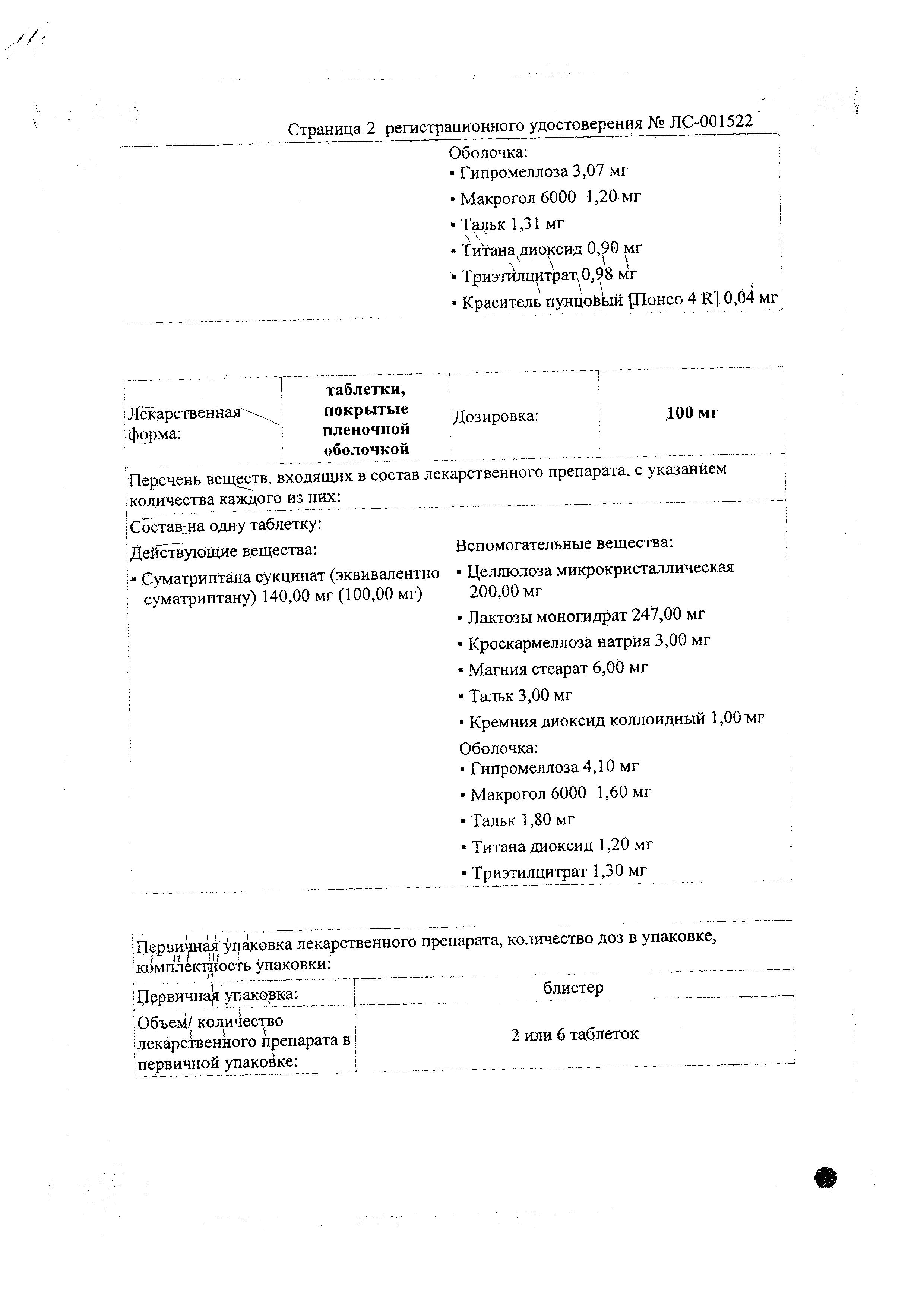 Сертификат на Сумамигрен, таблетки покрыт. плен. об. 50 мг, 6 шт.