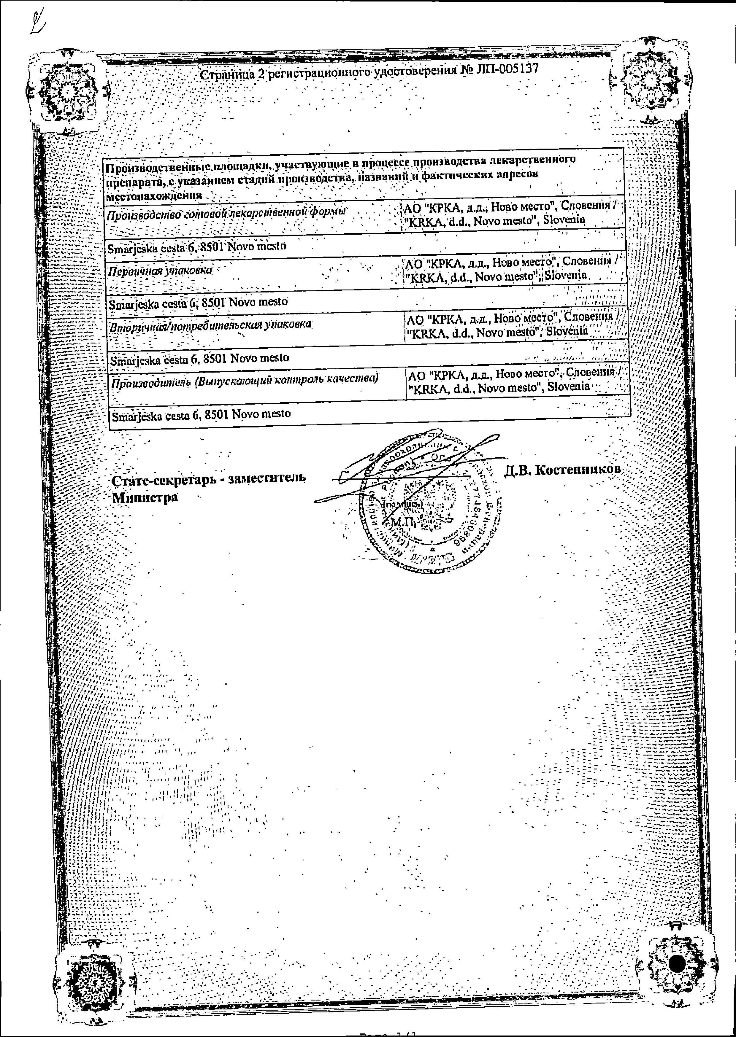 Сертификат на Телмиста Н, таблетки 12.5 мг+80 мг, 84 шт.