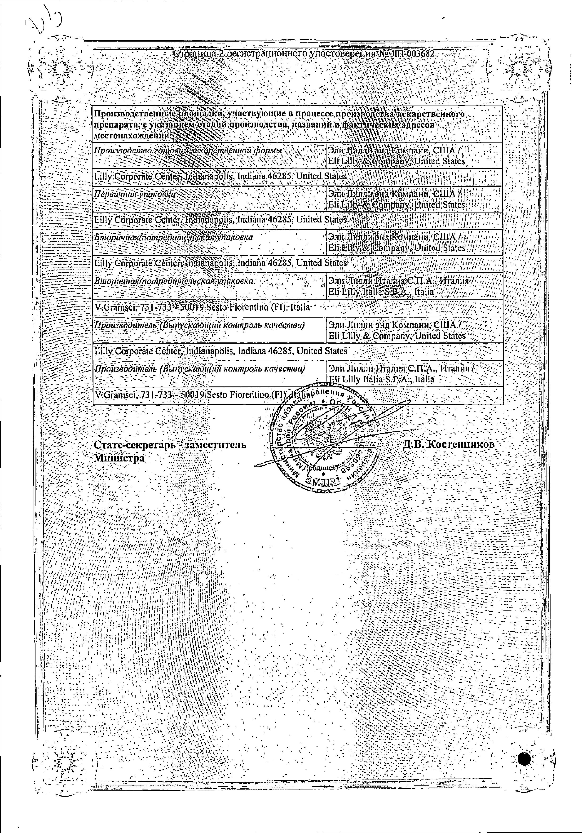 Сертификат на Трулисити, раствор 0.75 мг/0.5 мл, шприц-ручка 0.5 мл, 4 шт.