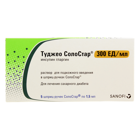 Фото Туджео СолоСтар, раствор для инъекций 300 ЕД/мл, шприц-ручки СолоСтар 1,5 мл, 5 шт.