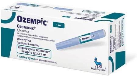 Фото Оземпик, раствор 1.34 мг/мл, картридж в шприц-ручке с 4 одноразовыми иглами 3 мл, 1 шт.