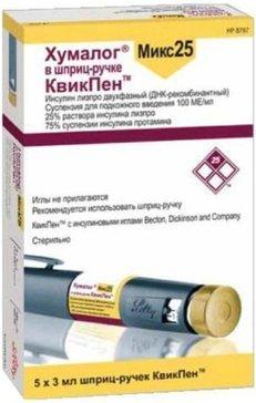 Фото Хумалог Микс 25, суспензия для подкожного введения 100 МЕ/мл, картриджи в шприц-ручке КвикПен 3 мл, 5 шт.