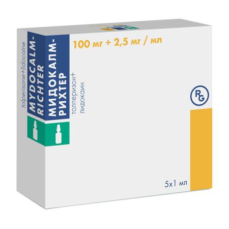 Фото Мидокалм-Рихтер, раствор 100 мг + 2.5 мг/мл, ампулы 1 мл, 5 штук