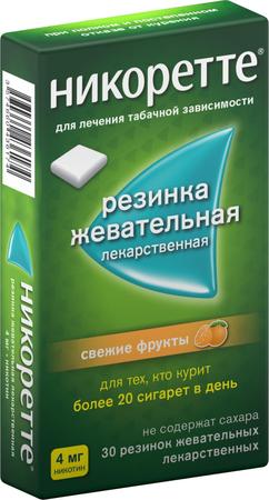 Фото Никоретте, резинка жевательная 4 мг (свежие фрукты), 30 шт.