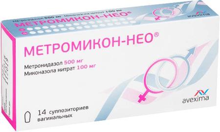 Фото Метромикон-Нео, суппозитории вагинальные 500 мг+100 мг, 14 шт.