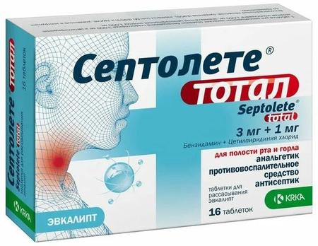 Фото Септолете Тотал, таблетки для рассасывания 3 мг+1 мг (эвкалипт), 16 шт.
