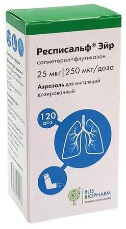 Фото Респисальф Эйр, аэрозоль 25 мкг+250 мкг/доза, 120 доз Фото Респисальф Эйр, аэрозоль 25 мкг+250 мкг/доза, 120 доз