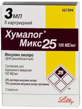 Фото Хумалог Микс 25, суспензия 100 МЕ/мл, картриджи 3 мл, 5 шт.