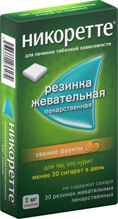 Фото Никоретте, резинка жевательная 2 мг (свежие фрукты), 30 шт.