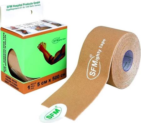 Фото Лента кинезиологическая SFM-Plaster на хлопковой основе (бежевый с логотипом), 5 см х 500 см