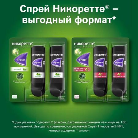 Фото Никоретте, спрей для полости рта (фруктово-мятный) 1 мг/доза, 2 флакона (150 доз) Фото Никоретте, спрей для полости рта (фруктово-мятный) 1 мг/доза, 2 флакона (150 доз)