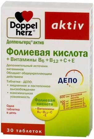 Фото Доппельгерц Актив Фолиевая кислота + витамины С, Е, В6, В12, таблетки, 30 шт.