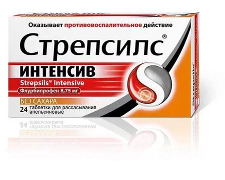 Фото Стрепсилс Интенсив, таблетки для рассасывания без сахара (апельсин), 24 шт.