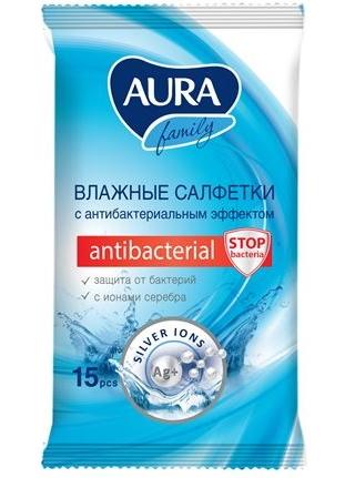 Фото Aura Family, влажные салфетки антибактериальные, 15 шт.