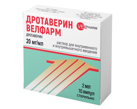Фото Дротаверин Велфарм, раствор для в/в и в/м введения 20 мг/мл, ампулы 2 мл, 10 шт.