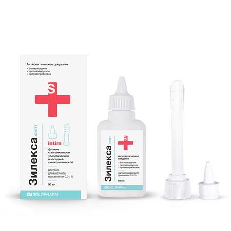 Фото Зилекса септ, раствор для местного применения 0,01 %, флакон с аппликатором урологическим и насадкой гинекологической, 50 мл
