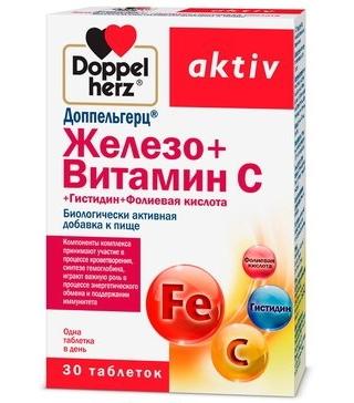 Фото Доппельгерц Железо+Витамин С+Гистидин+Фолиевая кислота, таблетки, 30 шт.
