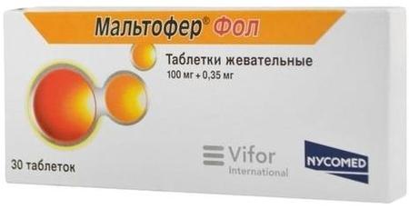 Фото Мальтофер Фол, таблетки жевательные 100 мг+0.35 мг, 30 шт.