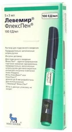 Фото Левемир Флекс Пен, раствор 100 ЕД/мл, шприц-ручки 3 мл, 5 шт.