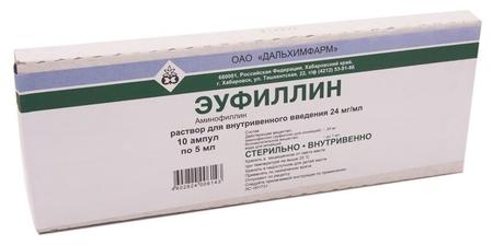 Фото Эуфиллин, раствор для в/в введения 24 мг/мл, ампулы 5 мл (Дальхимфарм), 10 шт.