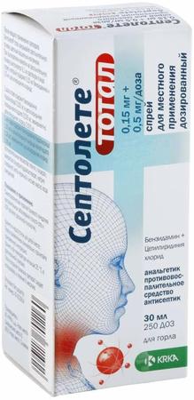 Фото Септолете Тотал, спрей 0.15 мг+0.5 мг, 30 мл (250 доз) Фото Септолете Тотал, спрей 0.15 мг+0.5 мг, 30 мл (250 доз)