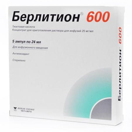 Фото Берлитион 600, концентрат для приготовления раствора 25 мг/мл, ампулы 24 мл, 5 шт. Фото Берлитион 600, концентрат для приготовления раствора 25 мг/мл, ампулы 24 мл, 5 шт.