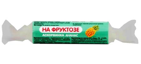 Фото Аскорбинка, аскорбиновая Кислота на фруктозе (ананас), таблетки, 10 шт.