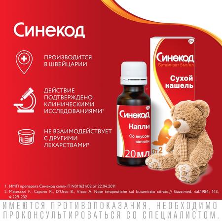 Фото Синекод 5 мг/мл, капли для приема внутрь для детей 20 мл, 1 шт.