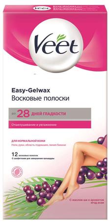 Фото Veet Easy Gel-wax, восковые полоски для депиляции (для нормальной кожи, с маслом ши и ароматом ягод асаи), 12 шт.